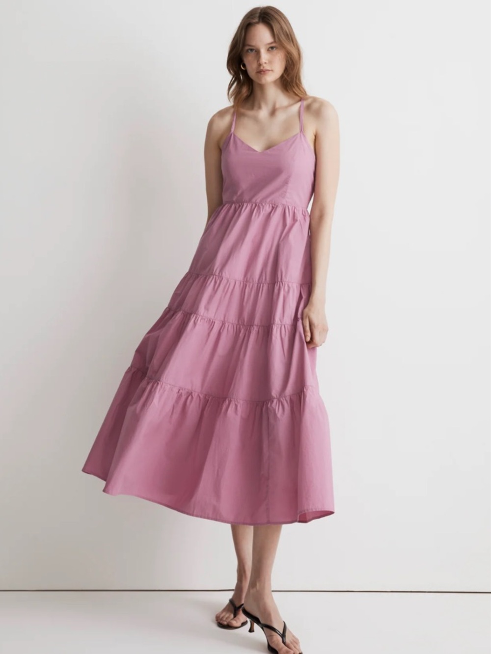 Madewell Rose Pink Tiered Spaghetti-Strap Midi Dress Sidonie Poplin Maxi S